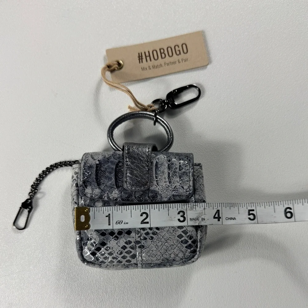 Hobo Silver Snakeskin Leather Mini Bag Charm‎ Pouch O-Ring Handle New